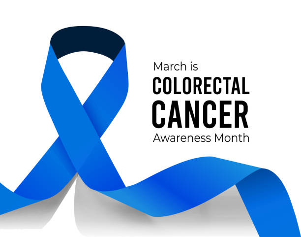 A blue ribbon and text that reads March is colorectal cancer awareness month.