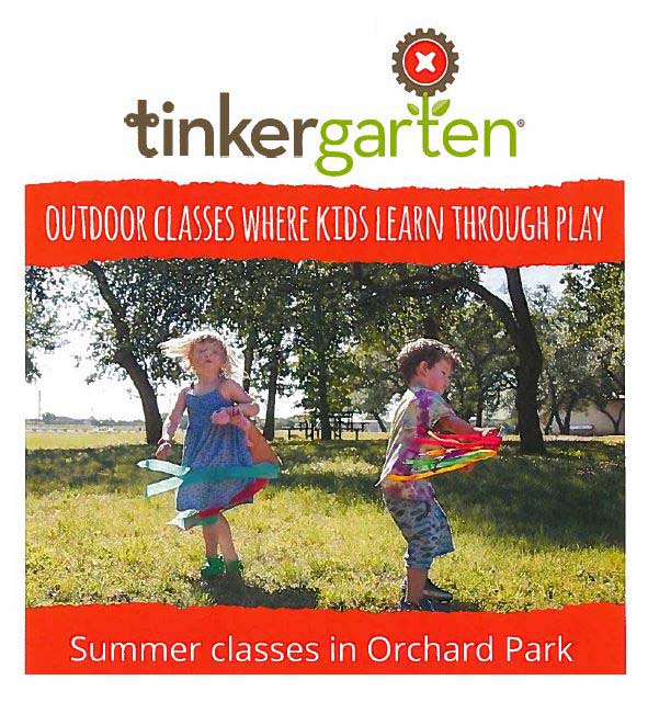 An image of two children playing in a park, with two red stripes on the top and bottom, saying, "Outdoor classes where kids learn through play. Summer classes in Orchard Park." The logo at the top says, "tinkergarten"